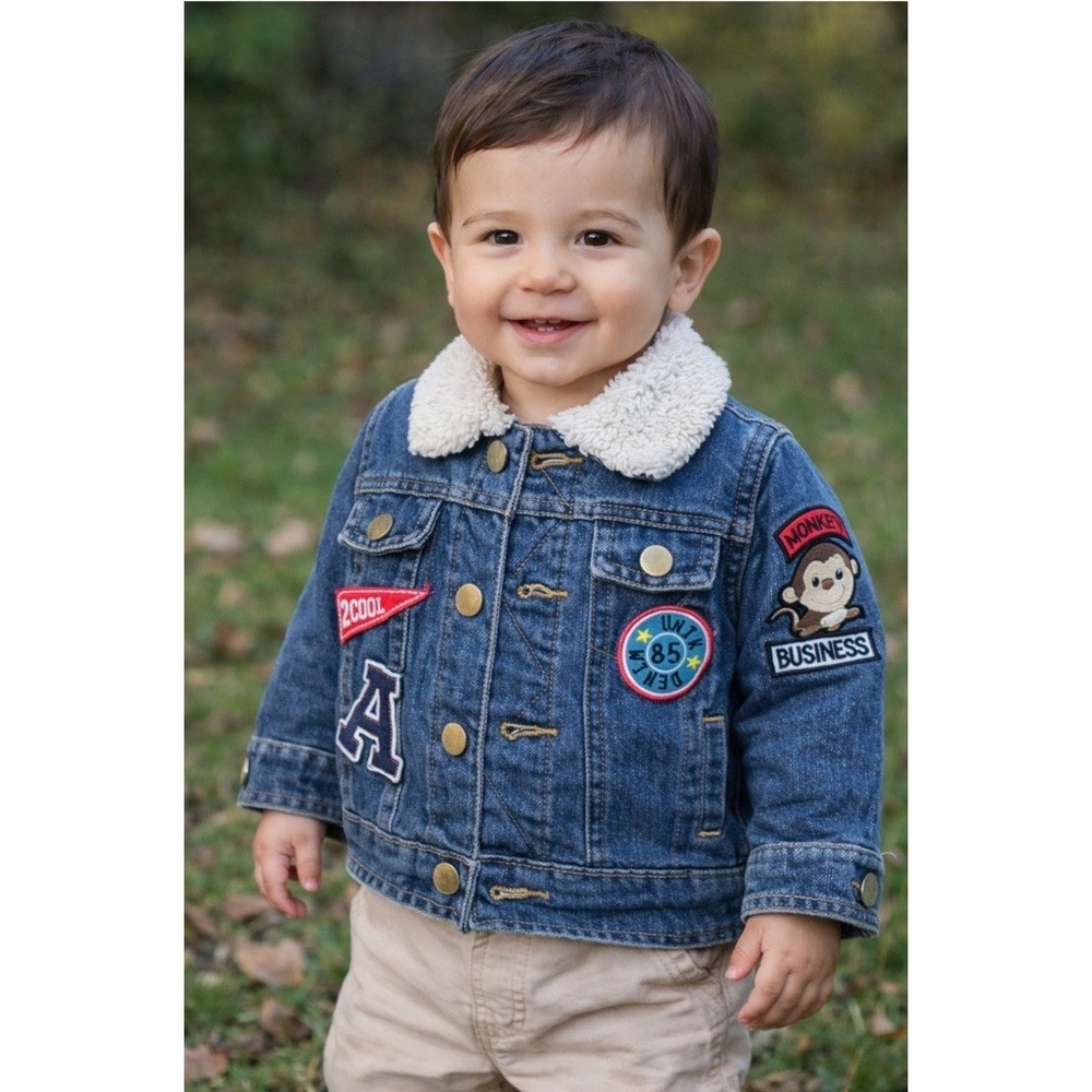 UNIK Kids Sherpa Lined‎ Denim Jacket Patch Monkey Business 85 Blue Jean Jacket